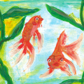 Handgemaltes Bild von drei Goldfischen unter Wasser in einem Teich, umgeben von Wasserpflanzen.