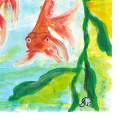 Handgemaltes Bild von drei Goldfischen unter Wasser in einem Teich, umgeben von Wasserpflanzen.