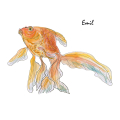 Gemaltes Bild eines Goldfisches, der nach links schwimmt. Sein Name ist Emil.