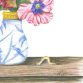 Blumenstillleben, ausgeführt mit Aquarellstiften. Acht Tulpen in einer chinesischen Vase, begleitet von einem Schmetterling und einer Raupe. Detailansicht der Raupe und der Signatur.