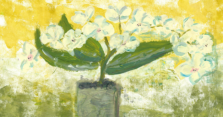 Eine weiße Orchidee in einem Blumentopf. Blumenbild in Acryl, auf Papier gemalt. Der Hintergrund in verschiedenen Grüntönen gehalten. Kunstdruck. Malerin: Alexandra Seidel.