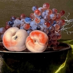 Ölgemälde mit einem Teller mit Pfirsichen und Weintrauben