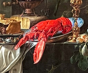 Ein leuchtend roter Hummer auf einem Gemälde auf dem 17. Jahrhundert.