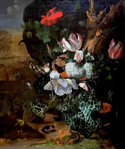 Blumenstillleben von Rachel Ruysch mit Frosch und Eidechse.