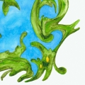 Aquarellbild eines Papageis. Grüne Amazone in Rocaillenrahmung vor blauem Hintergrund.